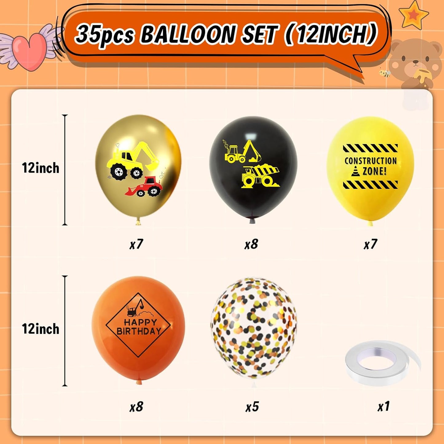 Construction Balloons, 12 Inch Gold Black Yellow Orange Confetti Balloons for Boy Baby Shower Construction Themed Birthday Truck Party Graduation Supplies