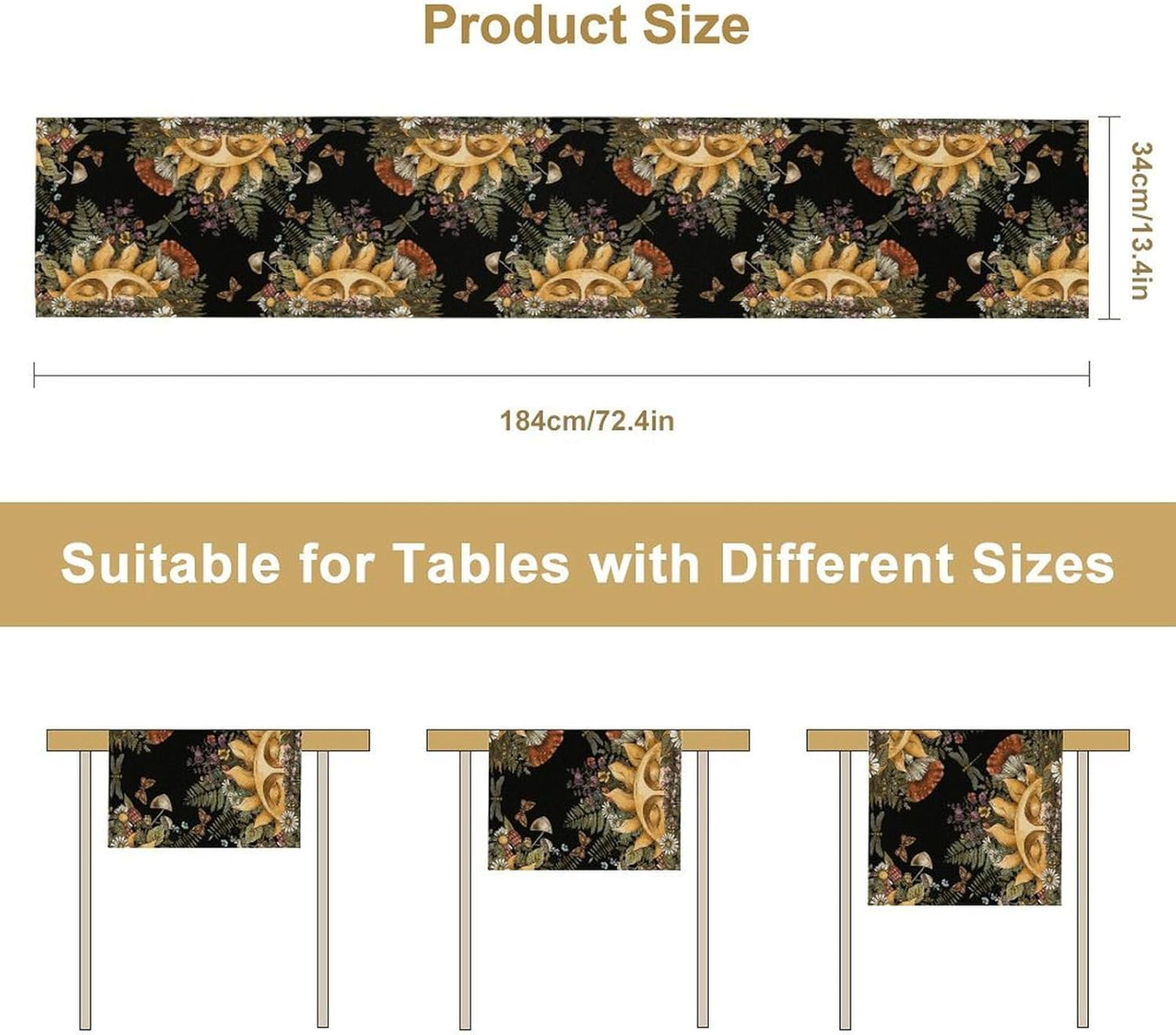 Sun Moon Table Runner, Bohomian Mushroom Daisy Table Gothic Dragonly Butterfly Table Center Decor Table Runner for Indoor Outdoor Party Kitchen Dinner Black, 13x60 Inch