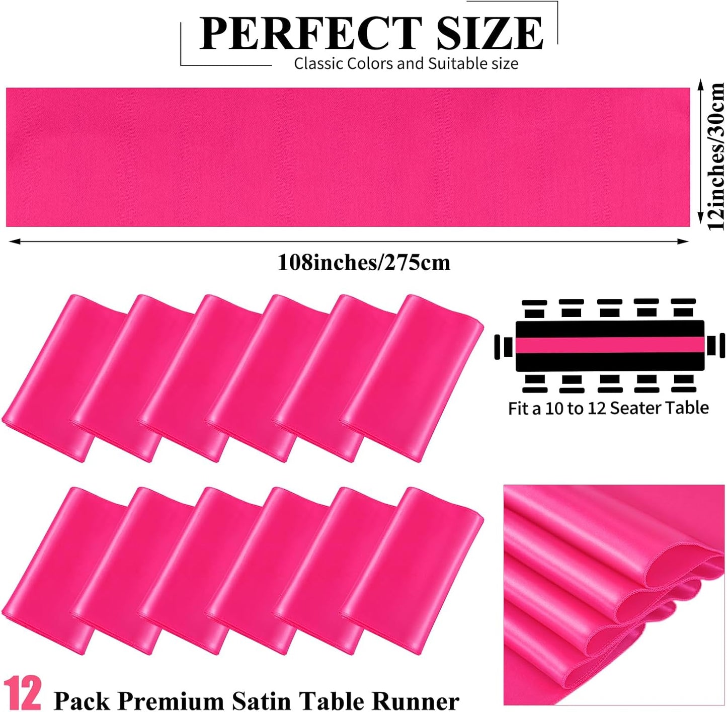 12 Pack Hot Pink Satin Table Runner 12 x 108 inch Long Premium Smooth Table Runner for Wedding, Banquets, Birthday, Party, Graduation, Engagements,Table Runners fit Rectangle and Round Table