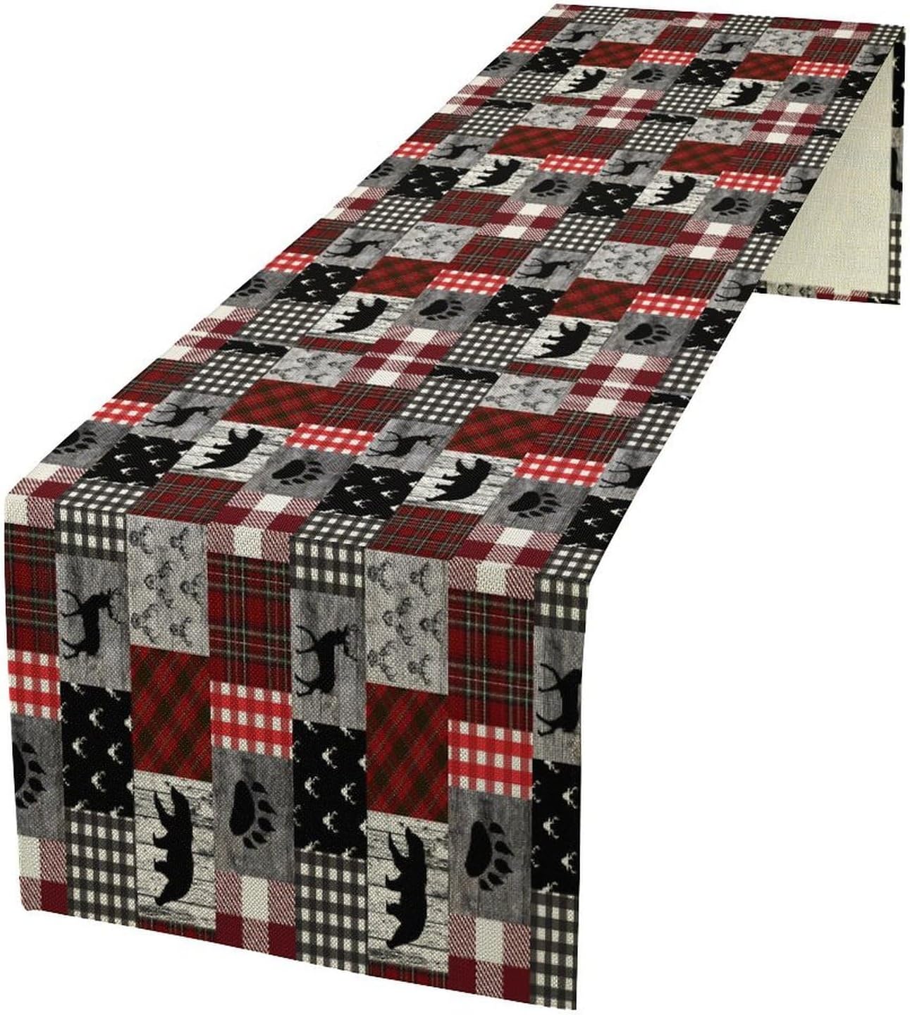Rustic Farm Table Runner,Vintage Woodland Deer Bear Animal Buffalo Plaid Print Tablecloth Burlap for Hotel Indoors Outdoor Dining Room Kitchen Home Decor,W13X L36 in