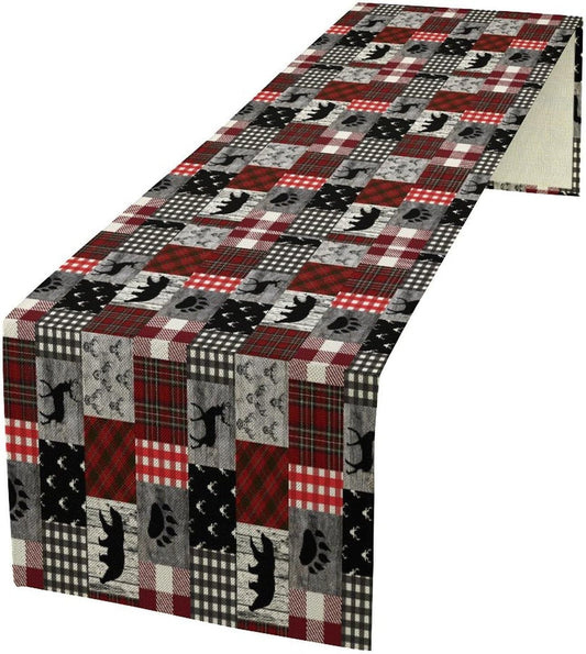 Rustic Farm Table Runner,Vintage Woodland Deer Bear Animal Buffalo Plaid Print Tablecloth Burlap for Hotel Indoors Outdoor Dining Room Kitchen Home Decor,W13X L90 in