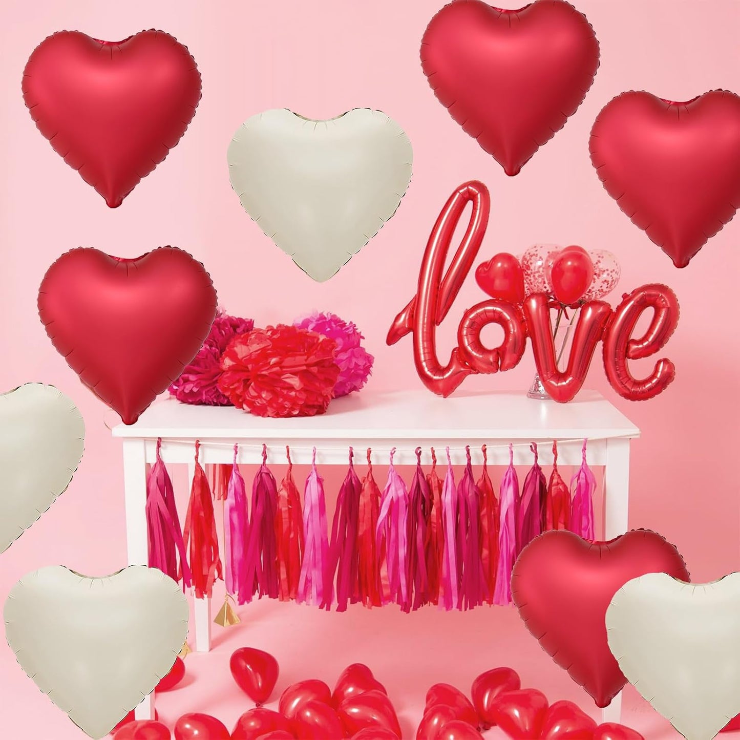 Red White Heart Balloons,12Pcs 18Inch Cream White Metallic Red Heart Shaped Foil Helium Balloons for Baby Shower Birthday Anniversary Wedding Engagement Party Decorations