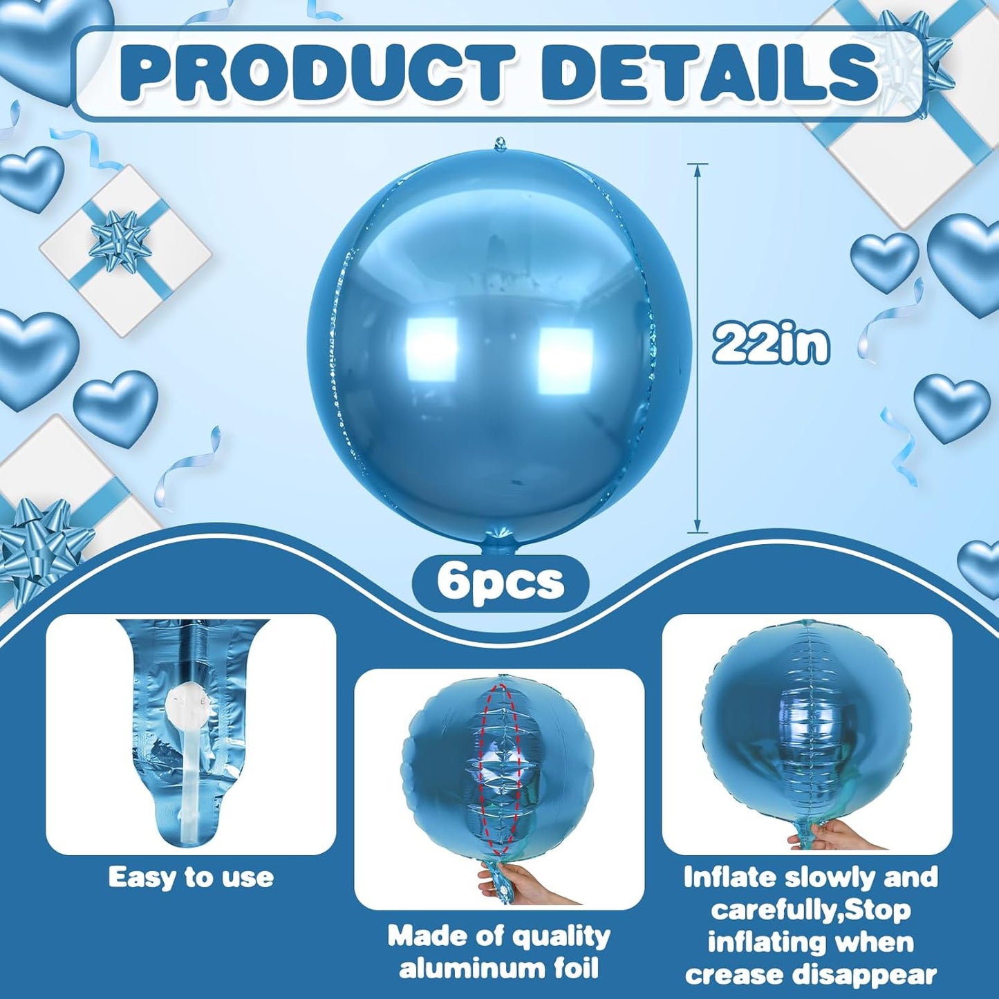 6Pcs Blue Round Foil Balloons,Giant 4D Round Ball Balloons,22 Inch Metallic Blue Balloon for Birthday Wedding Graduation Prom Party Decorations