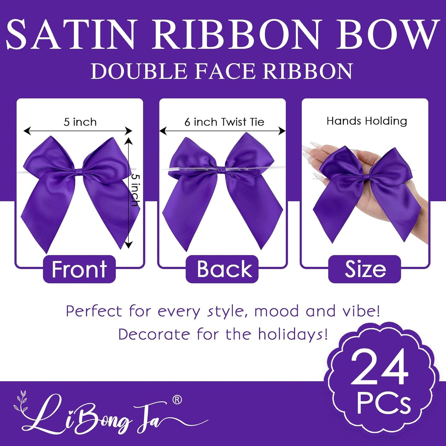 5'' Purple Bow Party Decorations Satin Bows, Twist Tie Bows for Treat Bags, Cake Pops, Pre-Tied Bow Premade Ribbon Bows for Crafts, Holiday Bows for Gift Wrapping, Wedding Decor-24 Counts