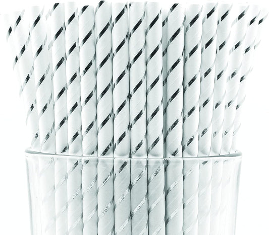 Pack of 900 Silver Foil Stripes Biodegradable 4-Ply Paper Drinking Straws (Compostable, Non-toxic, BPA-free)
