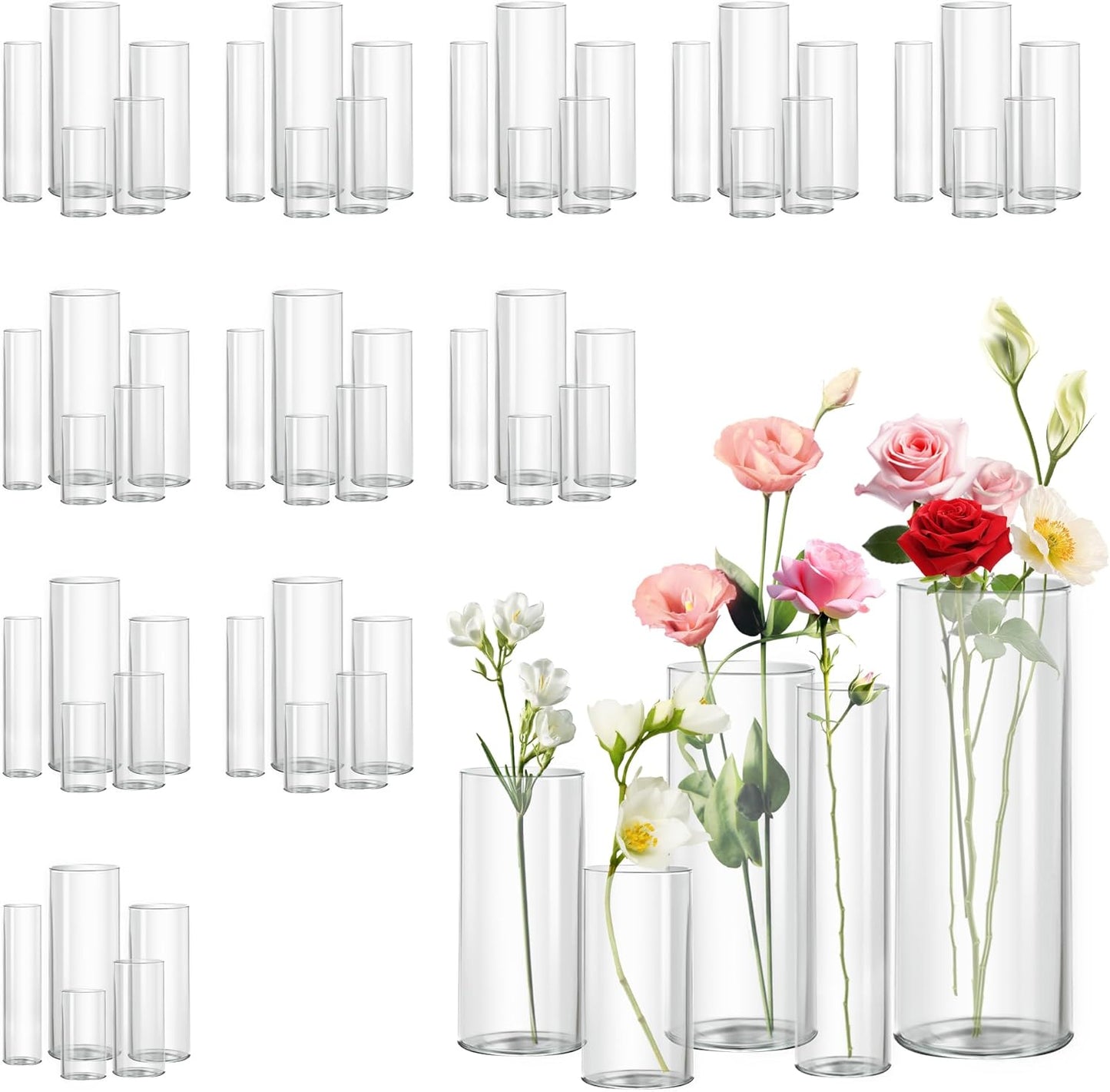 60pcs Cylinder Glass Vase for Centerpieces, 4,6,7.5,8,10 inch Tall Clear Flower Vase Bulk Floating Candle Holder for Wedding Table Home Décor and Party
