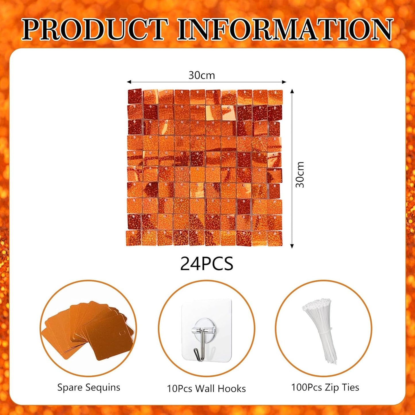 24PCS Orange Shimmer Wall Backdrop, Laser Square Sequin Photo Backdrops Panel, Glitter Wall Background for Birthdays, Weddings, Halloween, Engagements, Disco Bachelorette Party Decoration (4FTx6FT)
