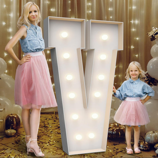 4FT Marquee Light Up Letters V,Party Decoration Large Marquee Light Up Letters with Weighted Water Bag,Pre-cut Foam Board Set Can Be Used for Birthdays,Weddings,Baby Anniversaries