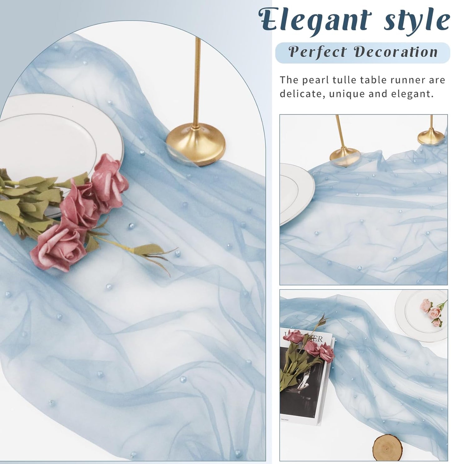 Pearl Table Runner 29 x 120 Inch Tulle Fabric Lace Table Runners Boho Rustic Tablecloth for Bridal Shower Birthday Party Wedding Arch Aisle Veil Dessert Table Decor(1 Pack, Dusty Blue)