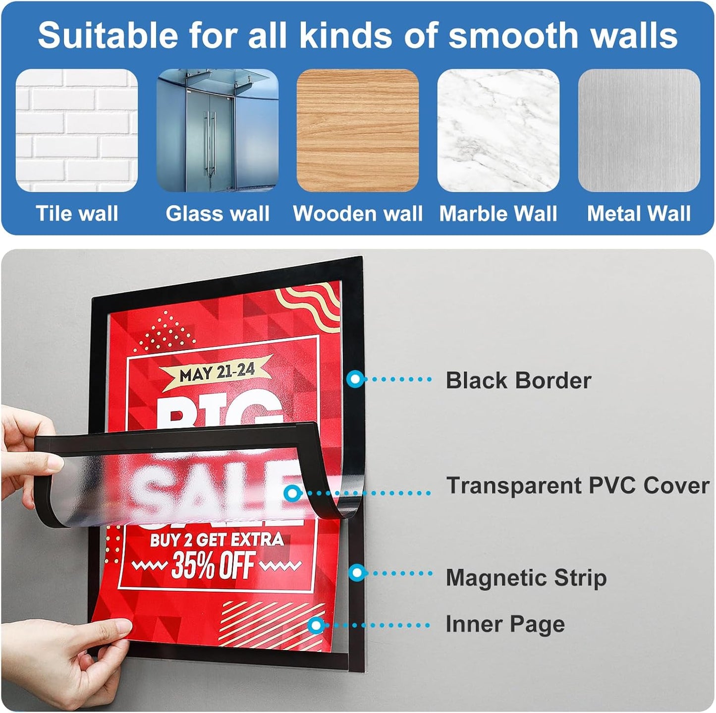 13 Pcs Magnetic Signs Holder, for 8.5" x 11" Letter, Self-Adhesive Magnetic Paper Holder, Magnetic Frame Document Holder for Wall Window Office Poster Store