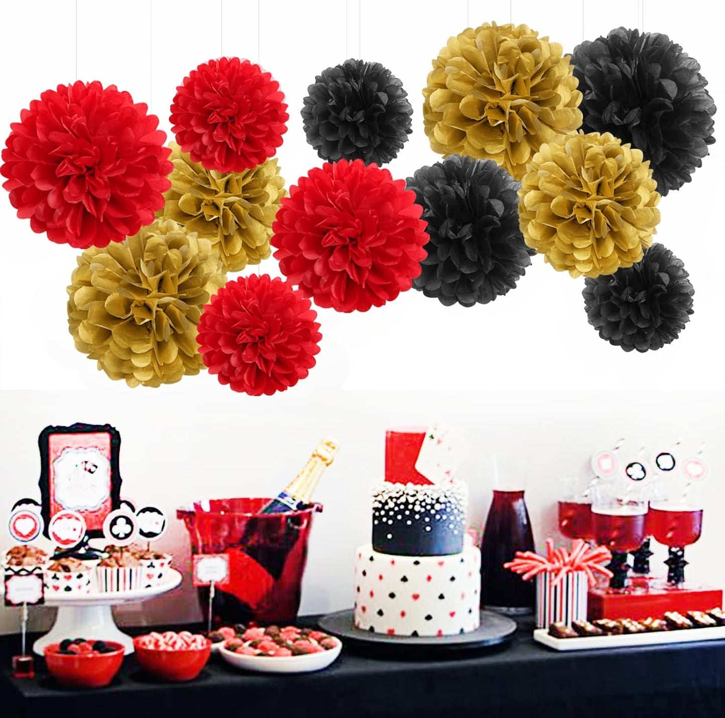 Red-Black Gold Party-Decorations Tissue Pom-Poms - 12pcs Game Night Casino-Theme Graduation Paper Flowers Garland,Birthday Wedding Baby Bridal Shower Decor Panduola