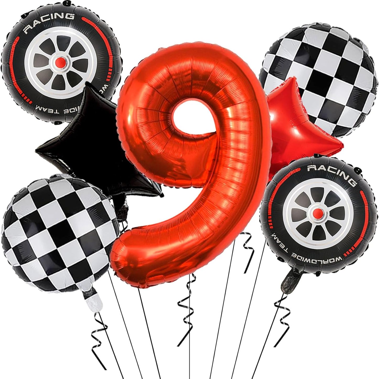 Race Car Birthday Party Decorations - 40 Inch Mylar Red Number 9 Balloons - Black Foil Checkered Race Car Balloons for 9st Birthday Race Cars Themed Party Decorations