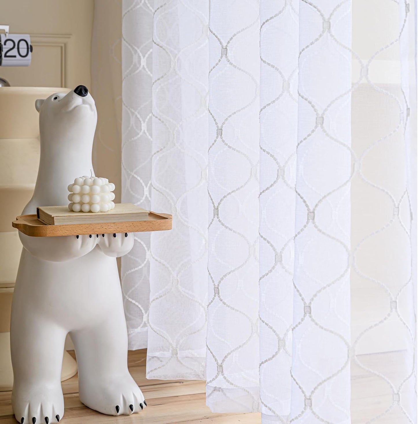 Sheer Curtains White 45 Inches,Wavy Diamond Embroidered Rod Pocket Voile Drapes for Living room, Bedroom, Window Treatments Semi Crinkle Curtain Panels for Yard, Patio, Parlor, 2 Panels, 52"x 45".