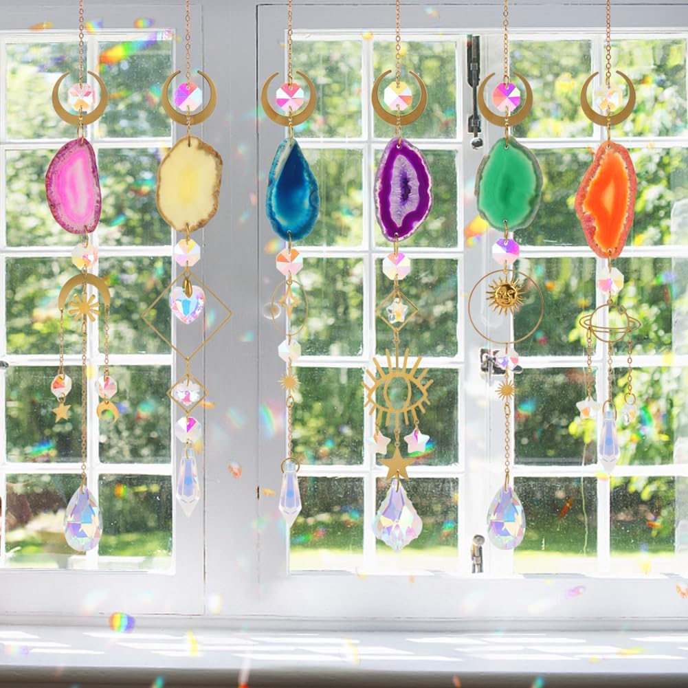 Sun Catcher, 6 pcs Sun Catchers with Crystals Prism Agate Slices Bulk Outdoor Garden Indoor Hanging Decor for Home Car Window Christmas Party Wedding Gift