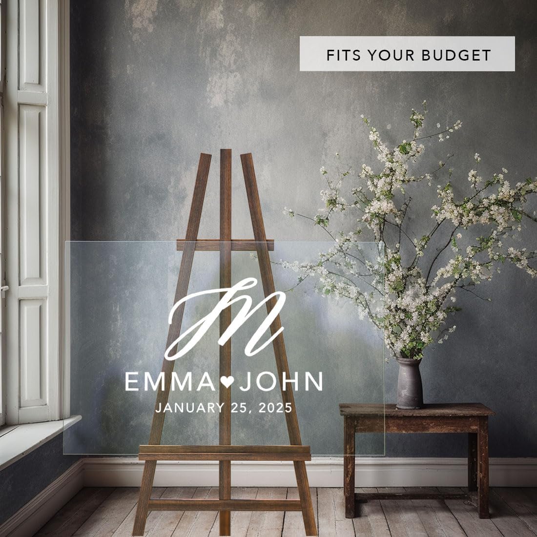 Andaz Press Custom Large Wedding Acrylic Sign, 16 x 24 Inches, Monogram Script, Personalized Sign, Welcome Sign For Modern Wedding Theme