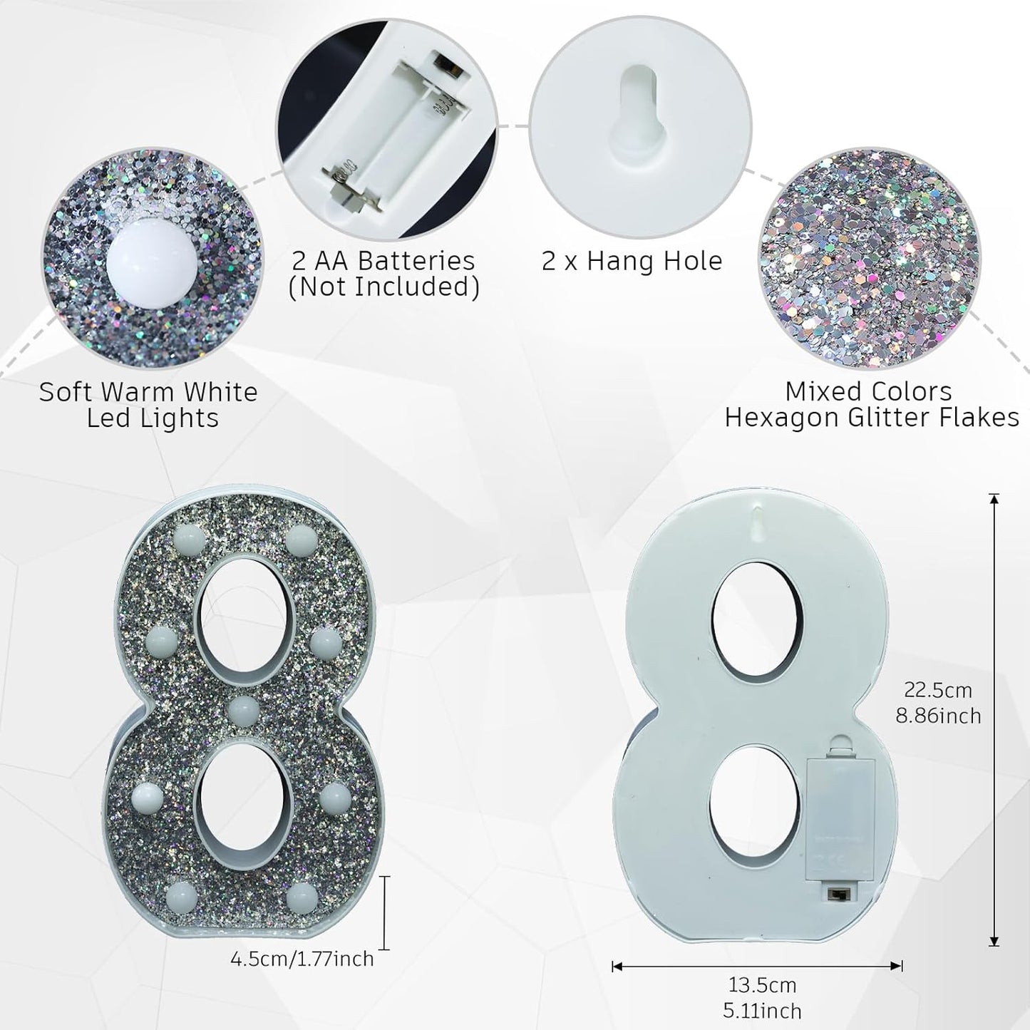 Glitter Light Up Signs, Marquee Light Letters for Table Decorations, Featuring Alphabet & Number Lighted Letters, Number 8 for Prom, Events, or Engagement Party Decor