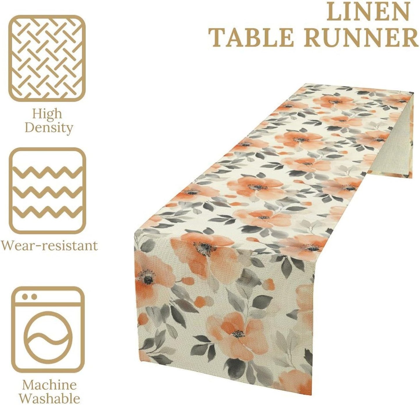 Floral Fall Table Runner, Rustic Watercolor Orange Flowers Seasonal Summer Autumn Table Runner for Kitchen Dinning Table Runner Decor Home Wedding Party Holiday, 13x90 Inch