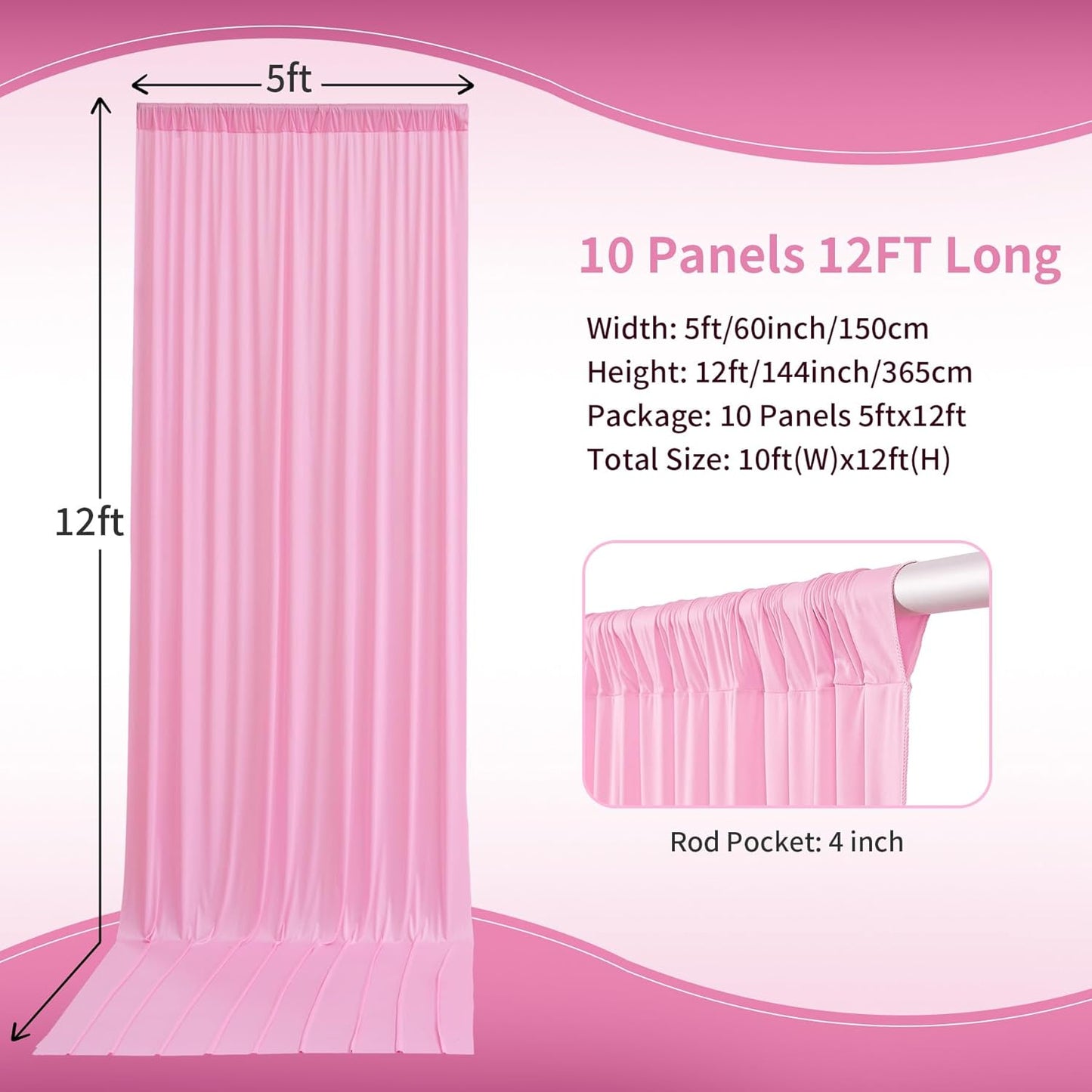 50×12ft Wrinkle Free Pink Backdrop Curtain for Wedding Parties, 10 Panels 5×12ft Long Soft Silky Polyester Backdrop Drapes Baby Pink Photo Back Drop Curtains for Party Photography Background Cloth