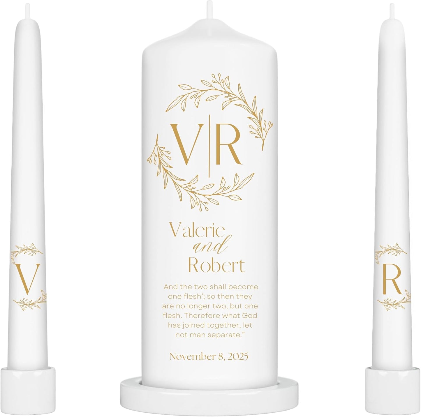Unity Candles for Wedding, Modern Unity Set, Custom and Personalized Pillar and Taper Candles with Bible Quote, Unscented White Premium Wax, Religious and Wedding Ceremony, Special Events (Goldie)