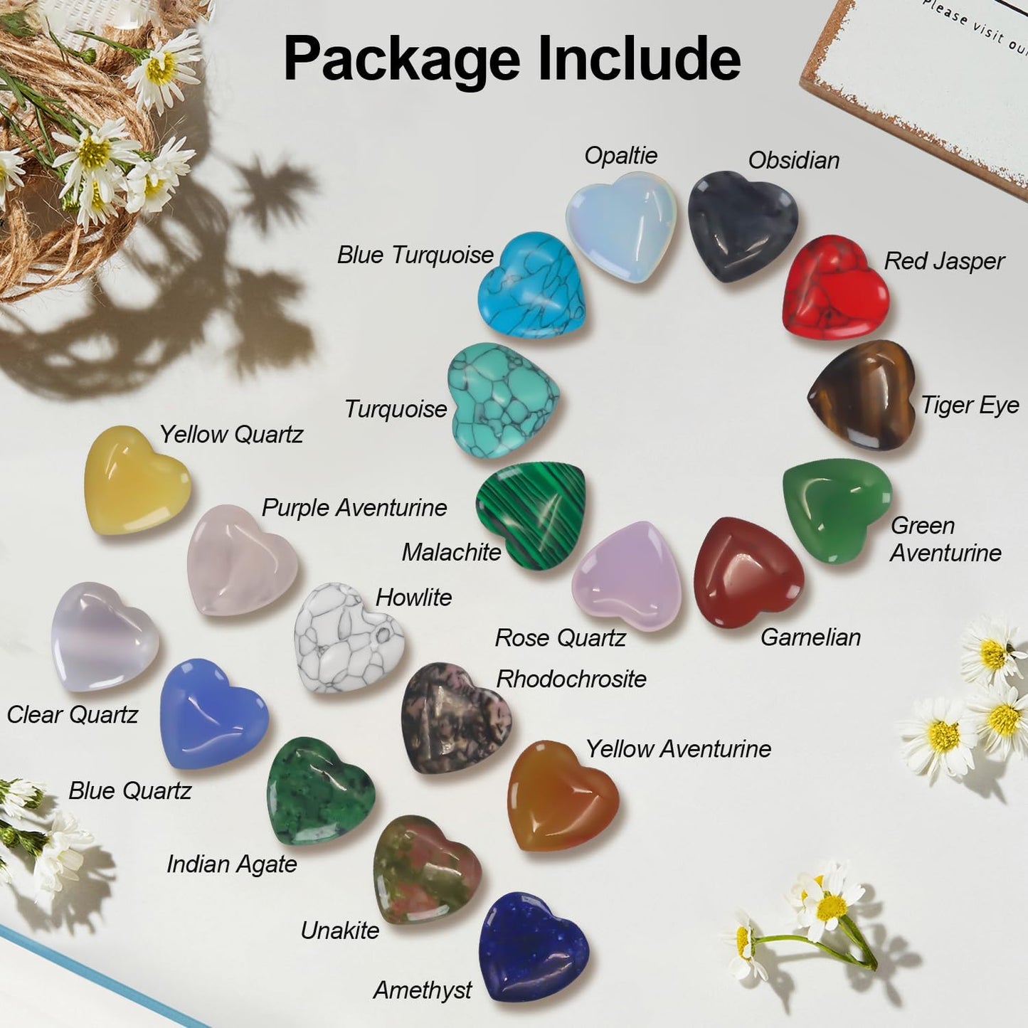 Rose Quartz Crystals,Virekm 20PCS Heart Healing Crystals Amethyst Heart Love Stones Set Palm Thumb Gemstones Chakra Reiki Balancing Gifts for Men Women (Colorful - 20 PCS)