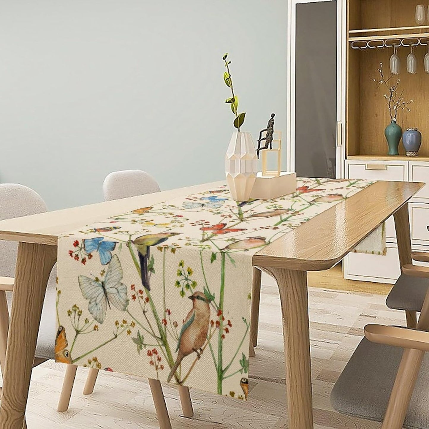 Brown Bird Floral Table Runner Spring Flower Kitchen Table Decoration Suitable for Family Dinner Decoration 13x36 Inch