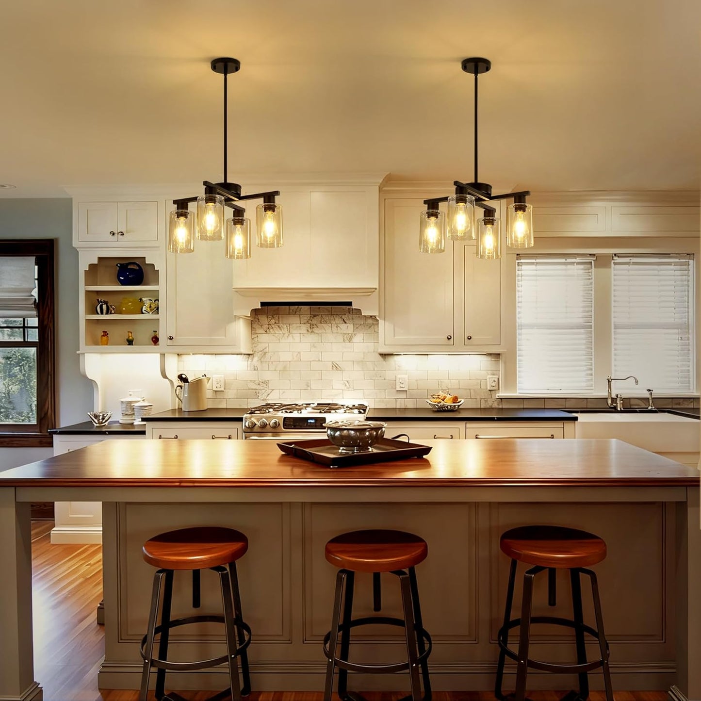 4-Light Modern Farmhouse Black Chandelier, Dining Room Light Fixture Over Table Adjustable Height Hanging Industrial Pendant Lights Kitchen Island, Clear Glass Shade