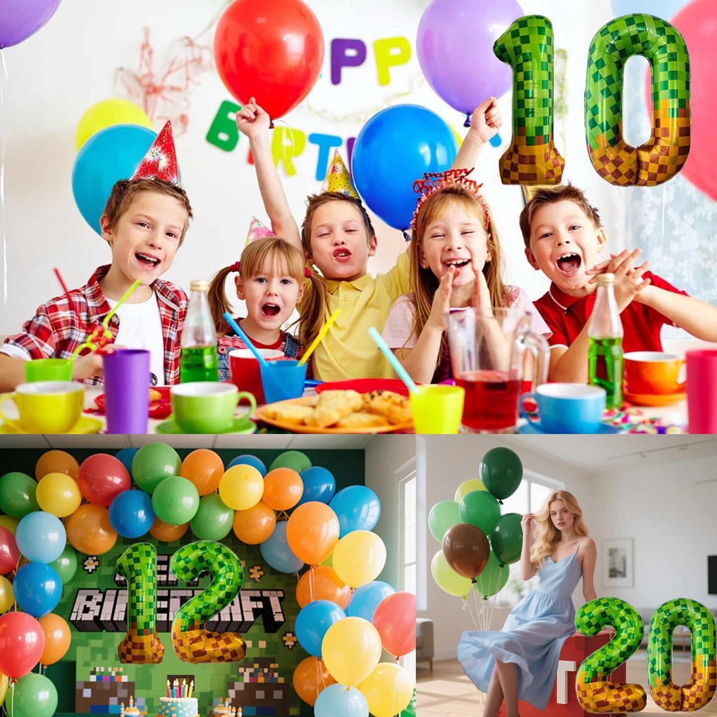 Pixel & TNT Theme 40in Giant Number Balloons - Foil Mylar Birthday Party Decorations for Kids Adults Cumpleaños, Block Style Pixel Art Shape Balloon Decor Supplies (Pixel, Number 0)