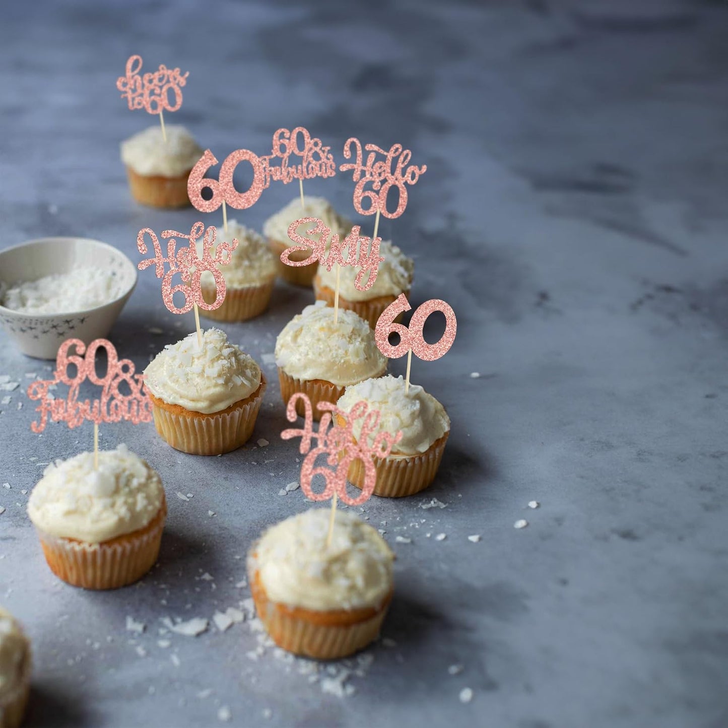 30Pcs Happy 60th Birthday Cupcake Toppers Rose Gold Glitter Sixty Cake Toppers Cheers to 60 Years Old Birthday Cupcake Picks for 60th Birthday Anniversary Party Cake Decorations Supplies