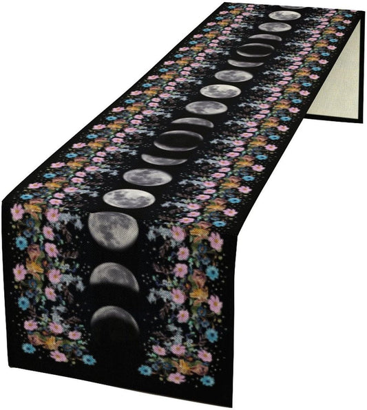 Boho Floral Moon Table Runner, Spring Flower Leaves Mystical Gothic Sun Moon Table Runner for Kitchen Dining Table Home Party,13x36 Inch Purple