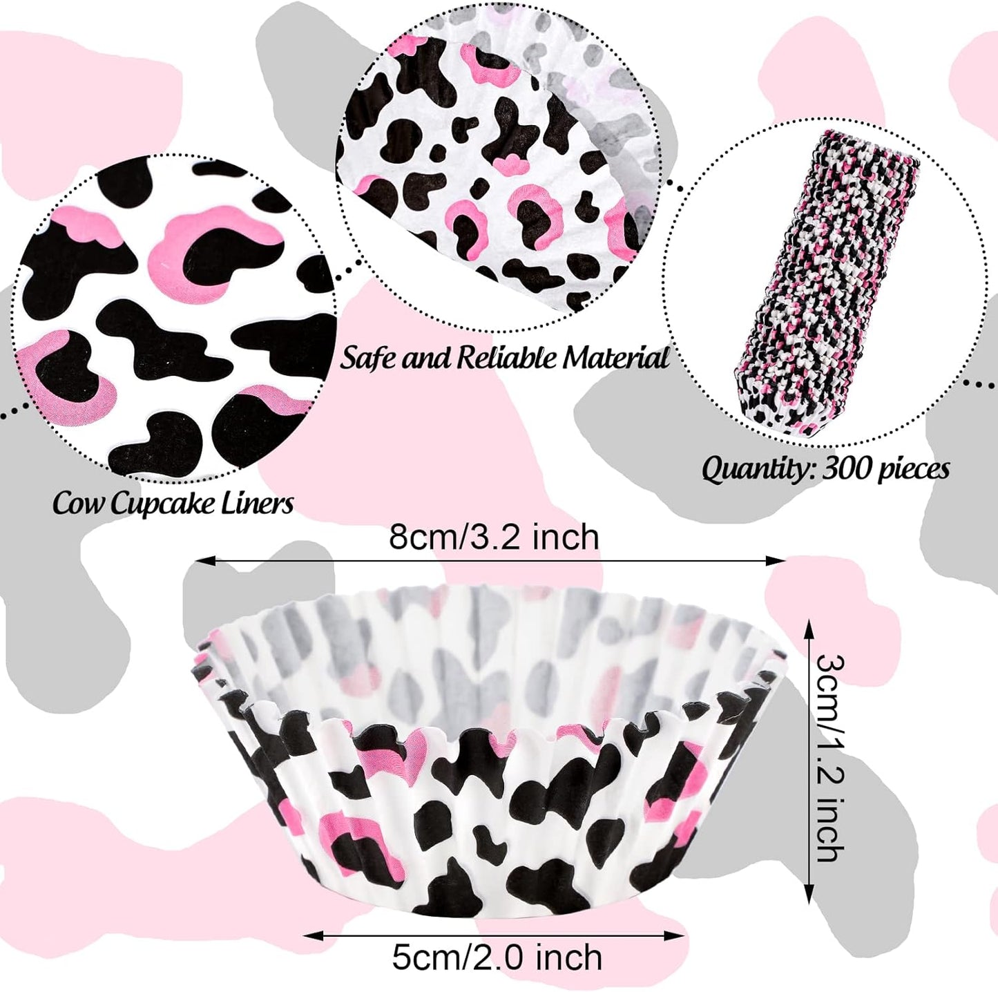 Waline 300 Pcs Cow Print Cupcake Liners - 2x1.2 Inch Cow Animal Baking Cups Holders for Baby Shower, Birthday, Wedding Party