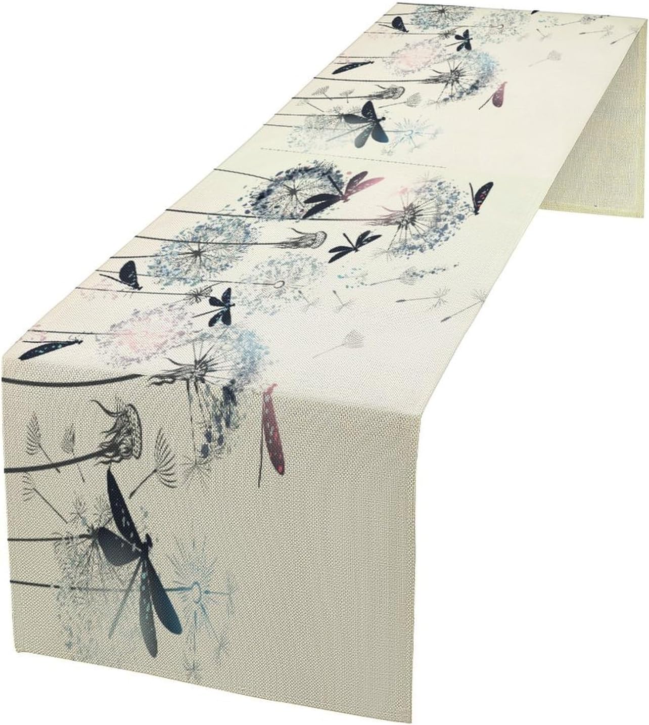Dandelion Table Runner,Nature Rustic Dragonfly Teal Blue Floral Pattern Print Burlap Tablecloth for Hotel Indoors Outdoor Dining Room Kitchen Table Decor, 13x70in