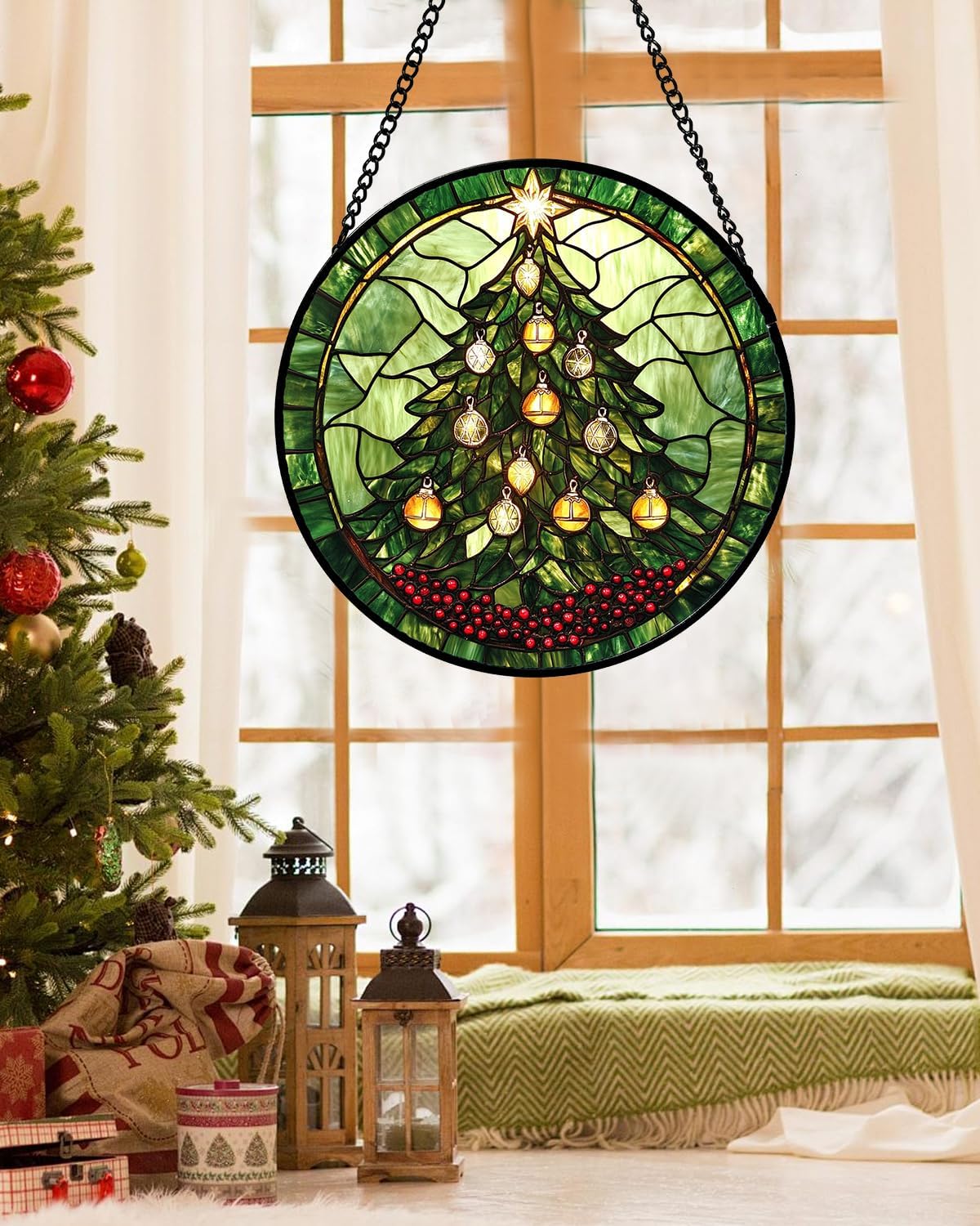 Stained Glass Window Hanging - Green Christmas Tree Golden Bells Suncatcher for Doors Home Christmas Decoration Sun Catcher Thanksgiving New Year Birthday Gift for Women Men Mom Nana 9.8 in