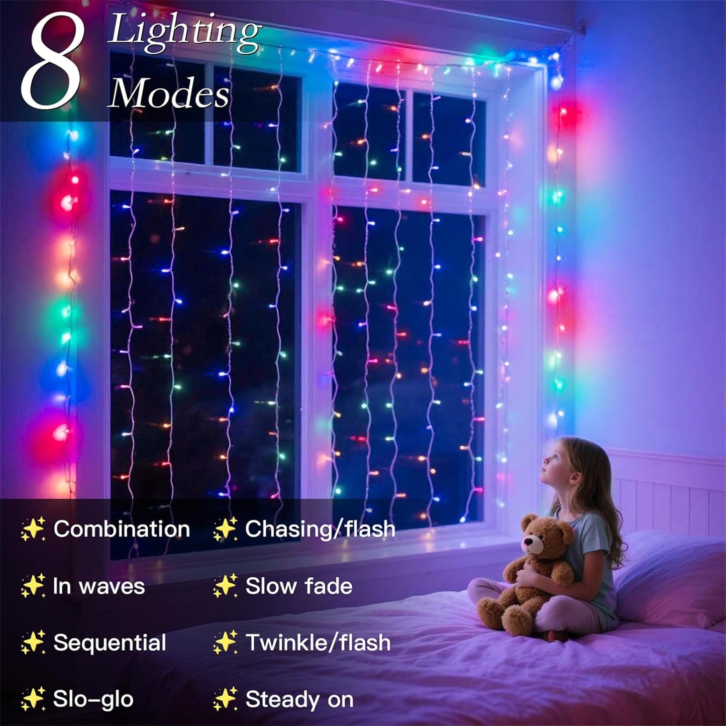 200 LED Rainbow Curtain String Lights 9.8 * 6.6FT Plug in Fairy with Timer and 8 Modes, Waterproof Window Wall Lights for Bedroom Wedding Party Indoor Outdoor Christmas Decor