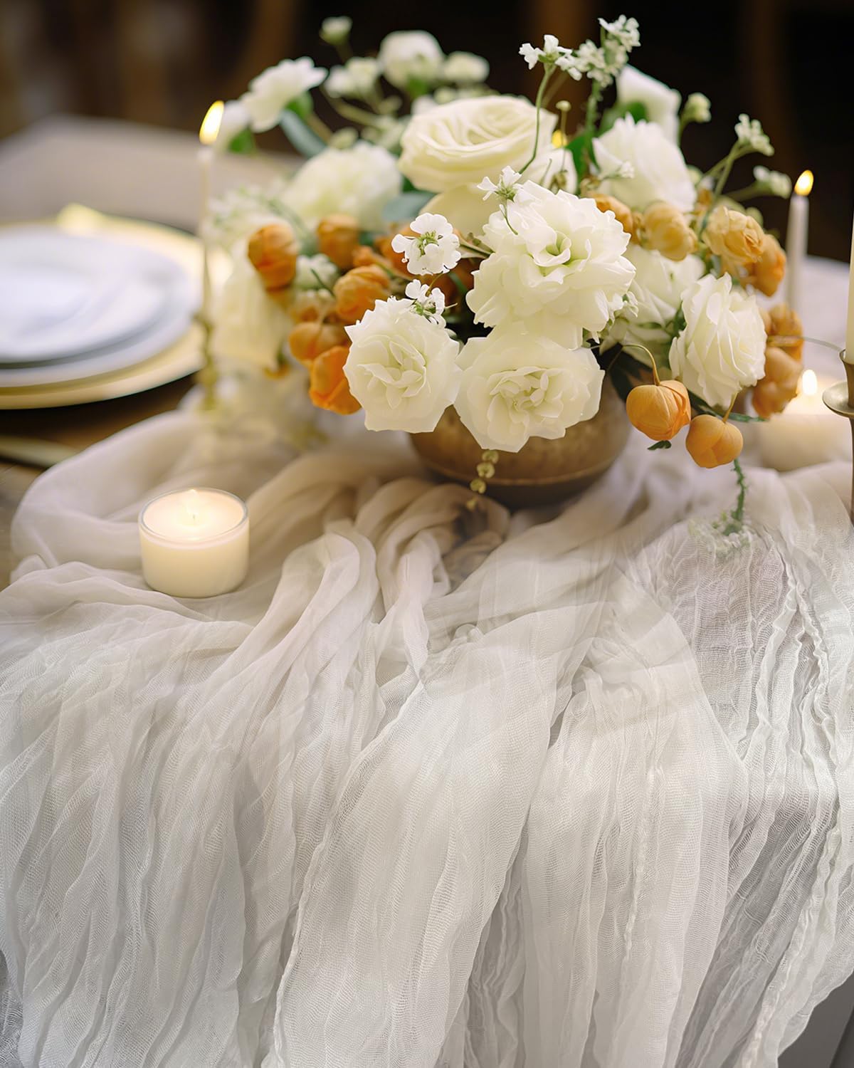 Ivory White Cheesecloth Table Runner 120 Inch, Boho Rustic Gauze 10 FT, Summer Cheese Cloth Runner for Wedding, Baby Bridal Shower, Party, Farmhouse Centerpiece Home Decorations