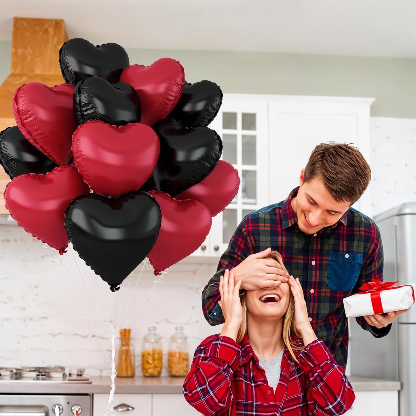 Black Red Heart Balloons,12Pcs 18Inch Black Metallic Red Heart Shaped Foil Helium Polyester Film Balloons for Birthday Anniversary Wedding Engagement Party Decorations