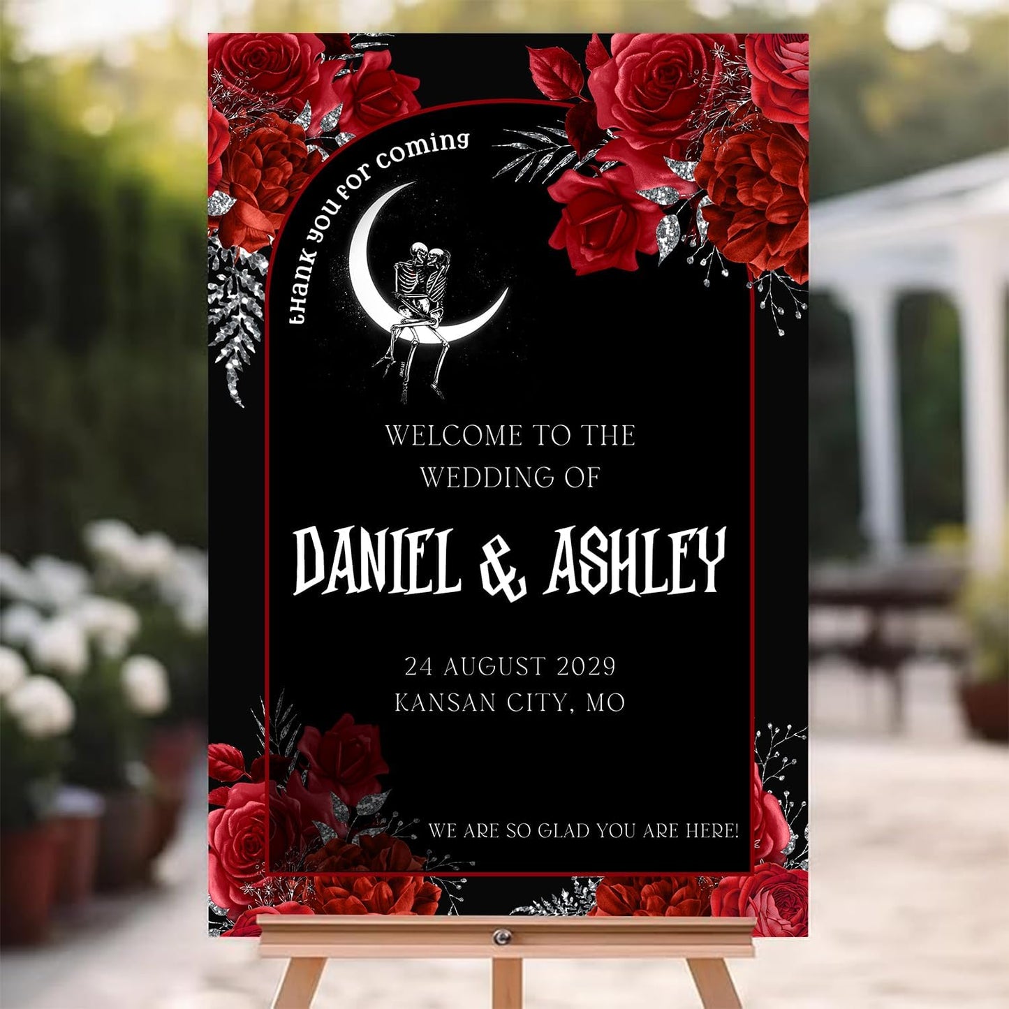 Gothic Halloween Welcome Sign, 4mm Thick Plastic, 12"x18", 28"x24", 18"x27", 24"x36", Black, Burgundy, Ground Stake, Wedding Sign