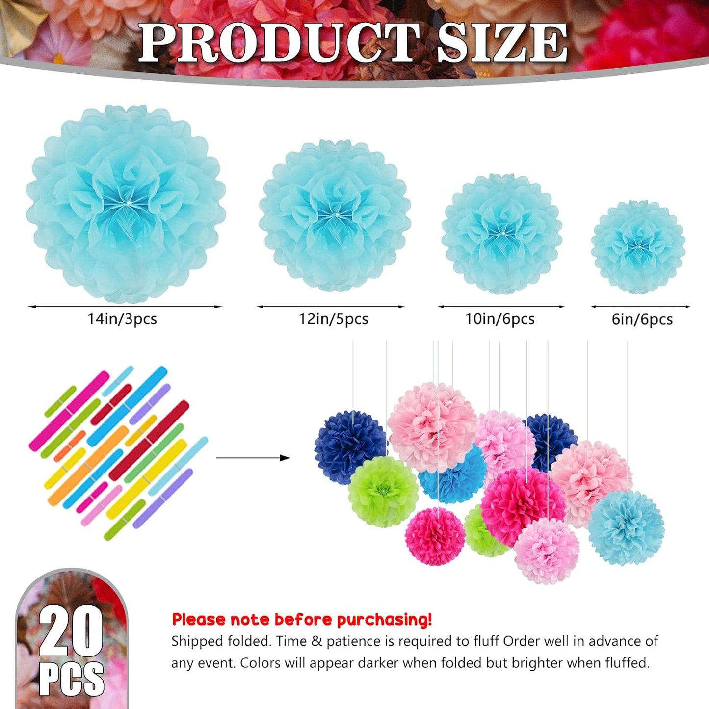 Tissue Paper Pom Poms, Light Blue Tissue Paper Flowers, Hanging Flower Balls for Weddings Fiesta Parties Birthday Baby Showers Classroom Bridal Shower Decoration (20Piece Set-6/10/12/14Inch)