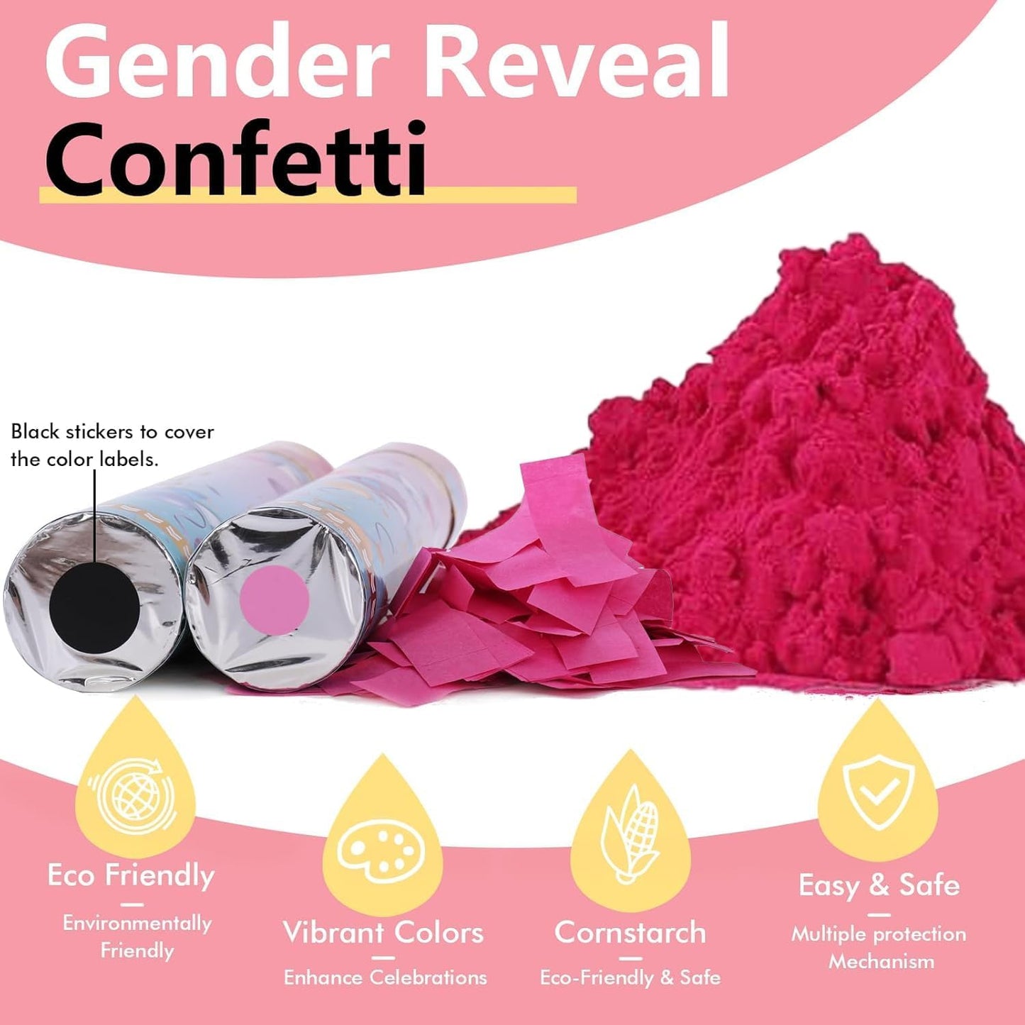 Previvo Gender Reveal Confetti Powder Cannon - 2 Pack Pink Baby Gender Reveal Poppers - 100% Biodegradable Powder Smoke - Ideas Party