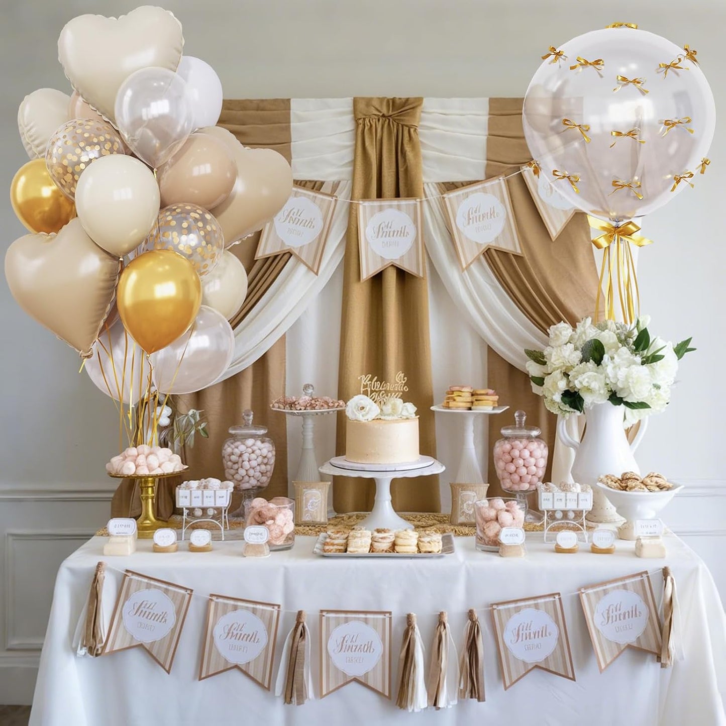 Sand White and Gold Balloons Beige Heart Balloon as Engagement Party Decorations, Metallic Gold and Cream White Nude Confetti Balloons 18 inch Clear Heart Shape Foil Balloon as Bride Wedding Decor