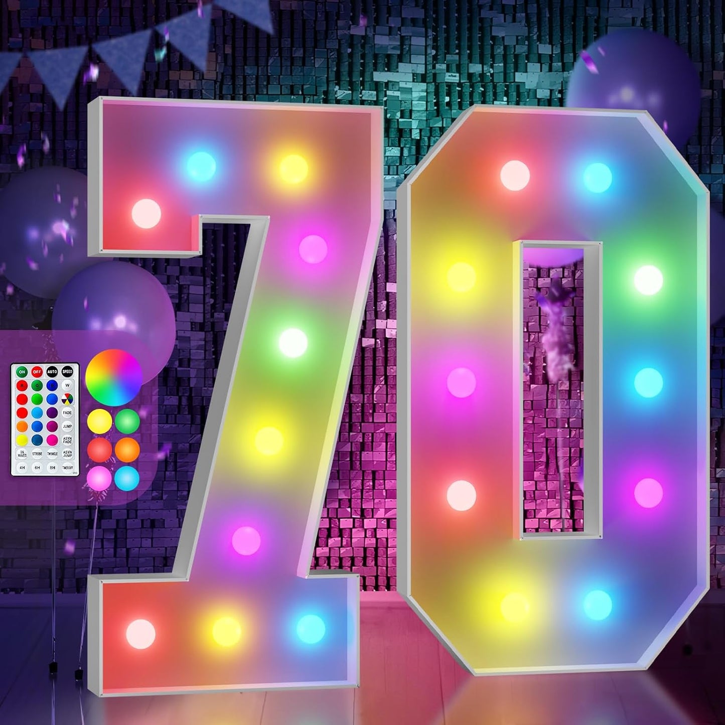 Marquee Numbers 70th-Birthday Decoration: Colorful 4FT Large Light Up 70 Year Old Birthday Decorations Anniversary Backdrop for Boys Girls Cardboard Sign 18 Colors Number 70 Mosaic Balloon Frame