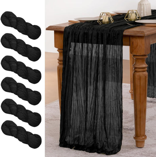 MLMW 6 Pack Halloween Table Runner Cheesecloth Black Boho Gauze Cheese Cloth 160 inch Rustic Sheer Table Runner 13.3ft for Party Wedding Baby Bridal Shower Birthday