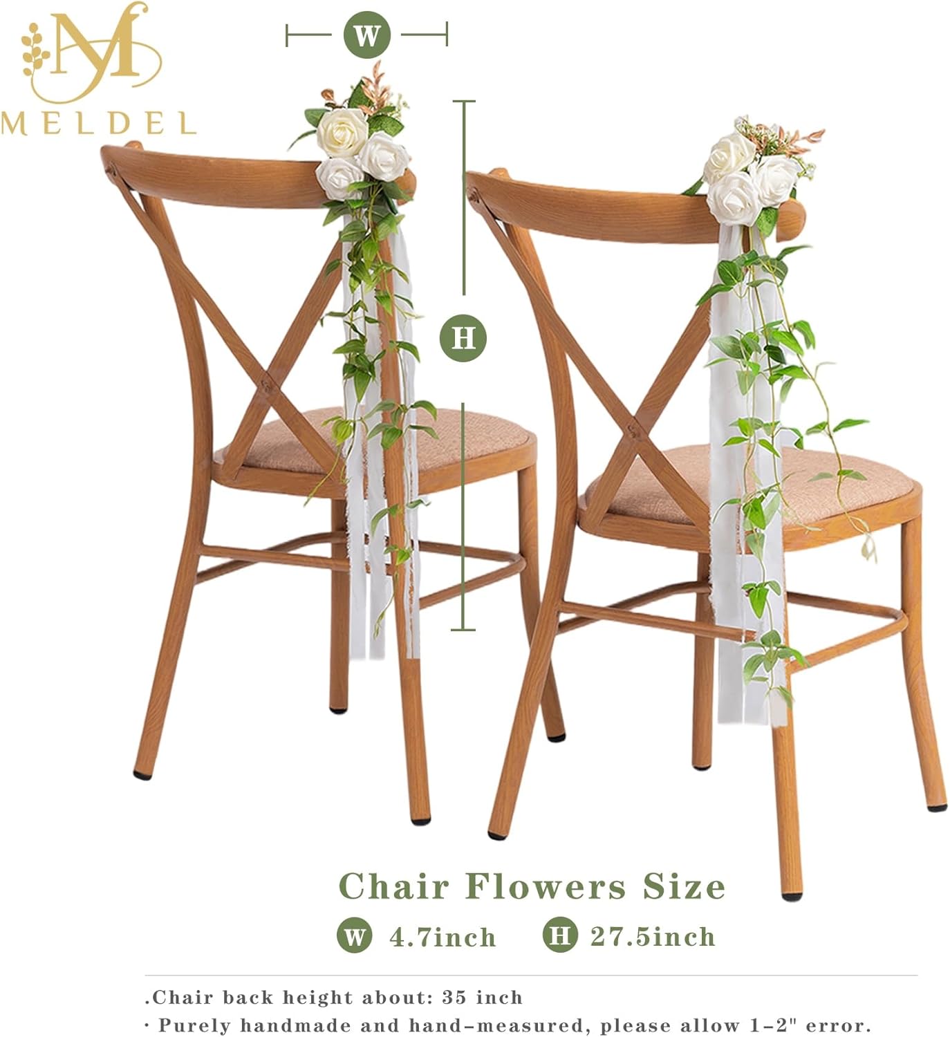 Meldel Wedding Chair Decorations Aisle Floral Set of 10 Artificial Flowers Ivory White Rose Garland with Hanging Ribbions for Ceremony Reception Church Arrangement Party Wedding Pew Decor Flower