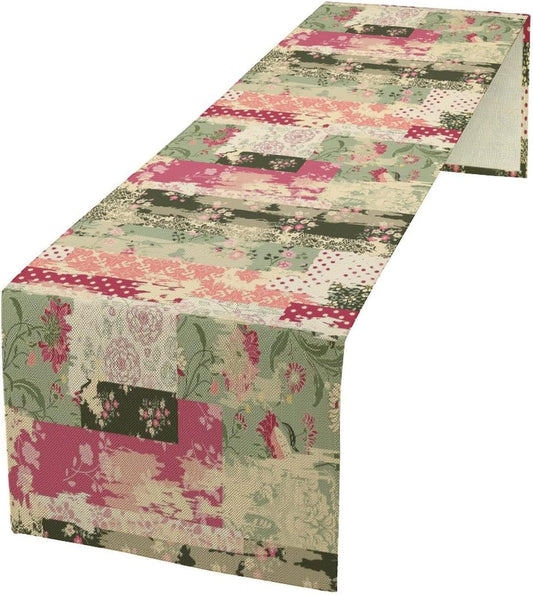 Patchwork Flower Table Runner,Abstract Colorful Floral Retro Style Hand Drawn Tablecloth Burlap for Hotel Indoors Outdoor Dining Room Kitchen Home Decor,W13X L36 in