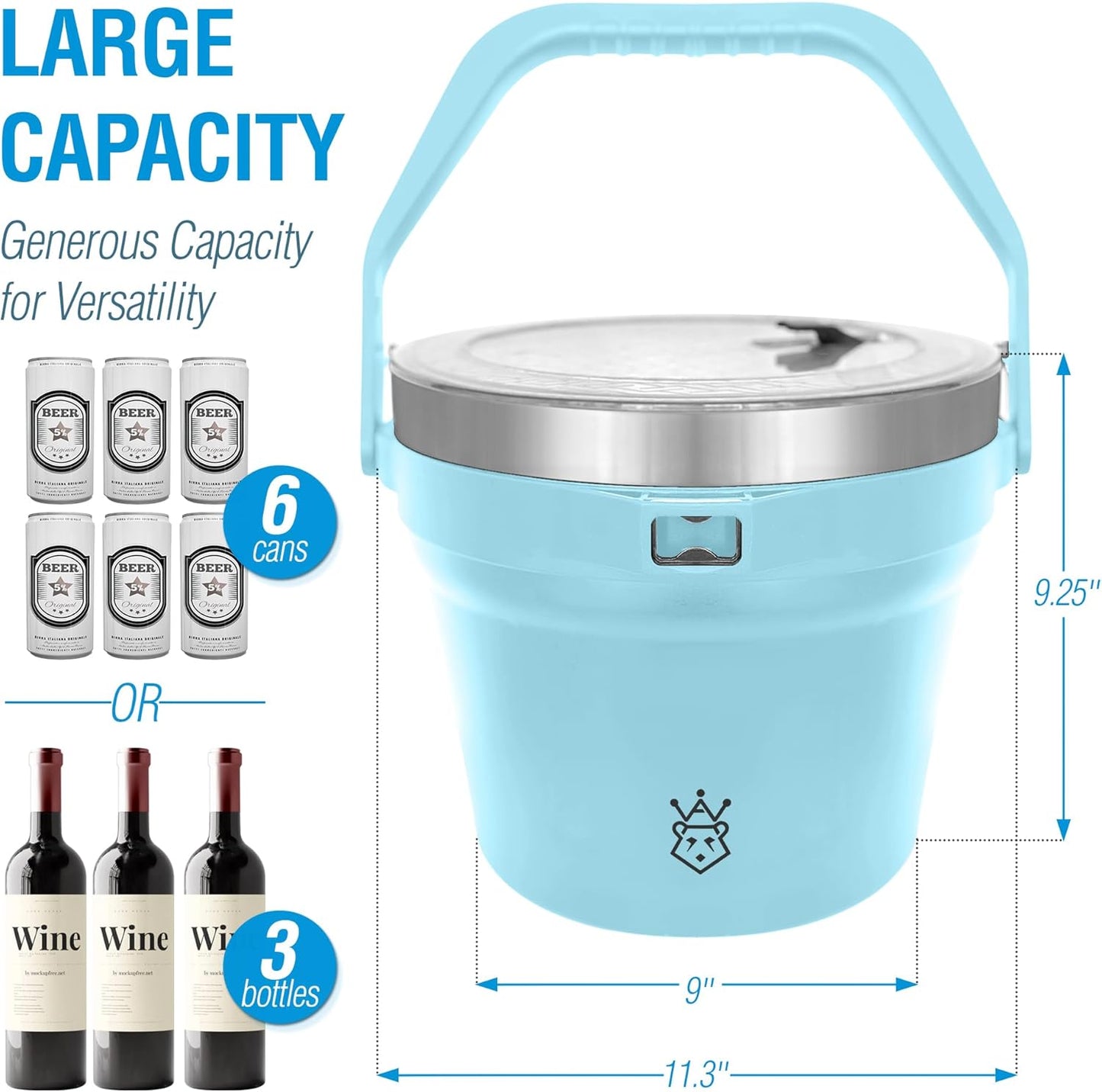 Insulated Ice Bucket with Lid & Scoop-XL Double-Walled, bar Essentials for Entertaining, Holiday Party, Stainless Steel Wine Chiller, Beverage Tub with Handle, Bottle Opener, Great Gift(Ocean Blue)