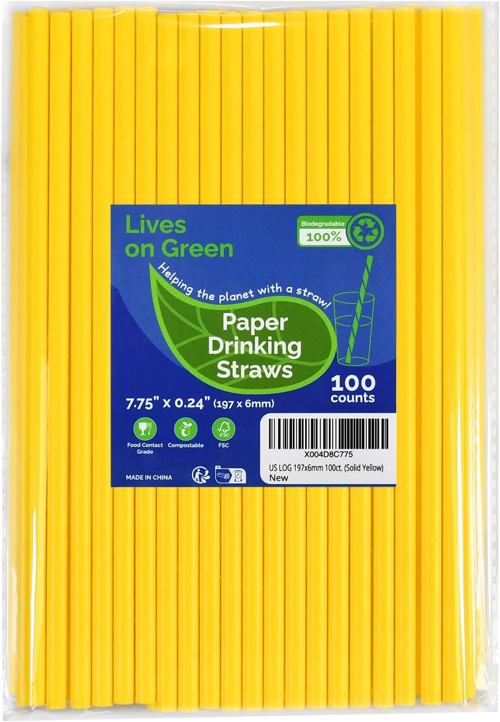 Solid Yellow Disposable Paper Drinking Straws 7.75 inch 100 Counts - for Beverage, Birthday, Party, DIY Arts Crafts