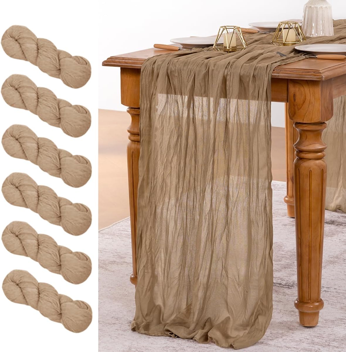 MLMW 6 Pack Fall Table Runner Boho Nude Brown Cheesecloth Table Runner Autumn Gauze Rustic Tan Cheese Cloth 160 inch 13.3ft for Thanksgiving Wedding Party Baby Bridal Shower Birthday