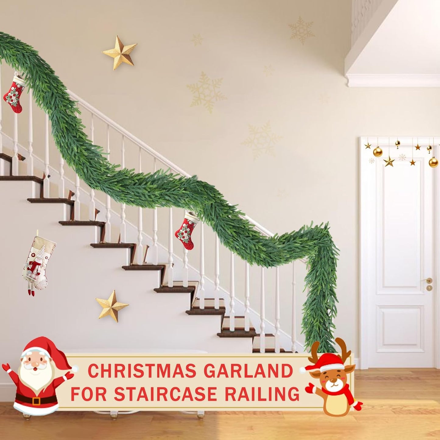 16 Ft Christmas Cedar Garland for Staircase Railing Real Touch Soft Bendable Faux Winter Xmas Greenery Pine Garlands Mantle Garland for Decoration for Window Fireplace Door Railing Wall Home Decor