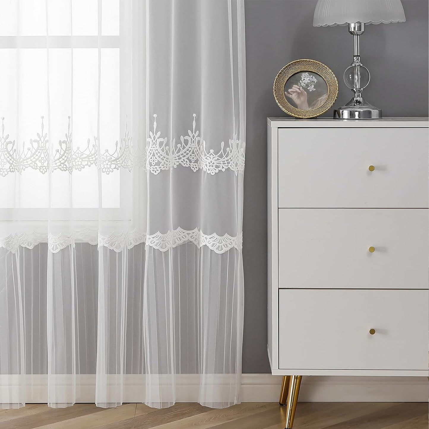 VISIONTEX White Sheer Voile Curtains, Decorative White Embossed European Rod Pocket Window Drapes for Home Kitchen, Living Room and Bedroom 54 x 95 Inch, Set of 2 Curtain Panels