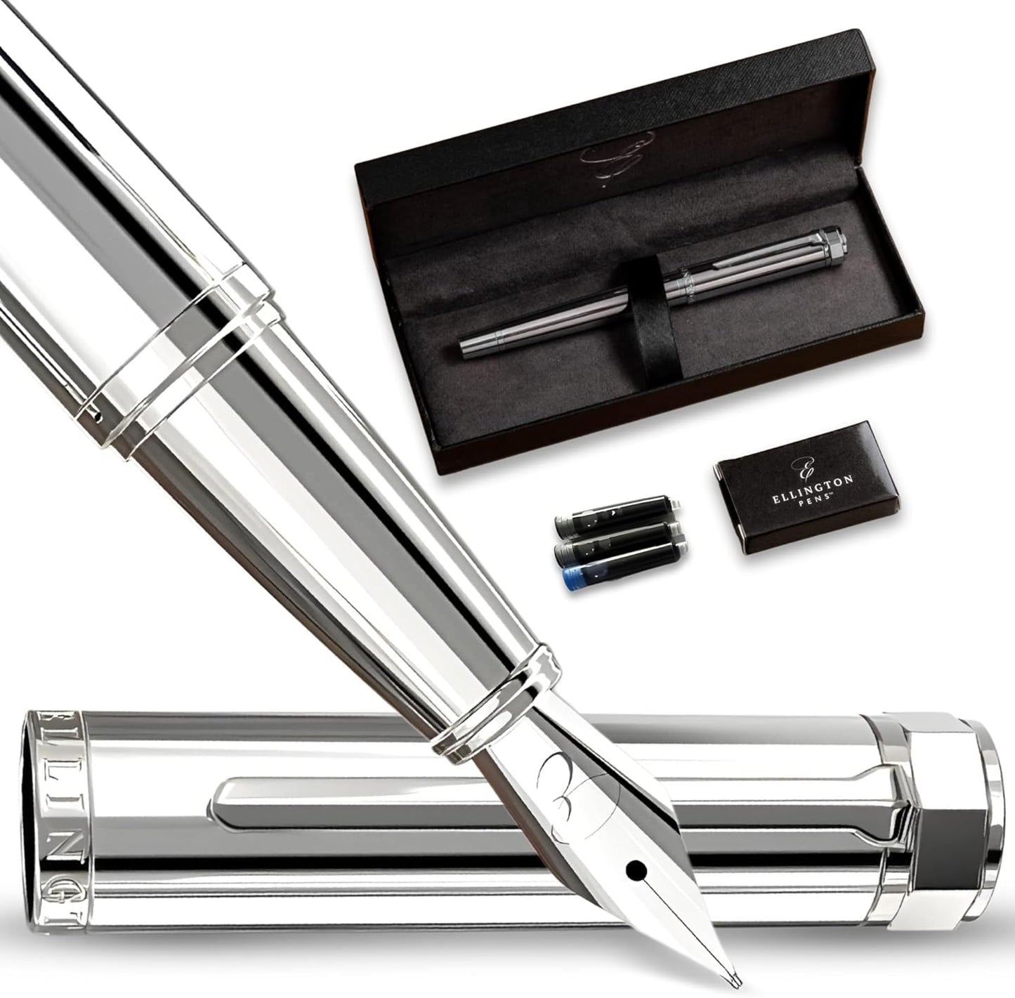 Ellington Pens Luxury Fountain Pen Set- Fountain Pens for Writing - Smooth Extra Fine Nib - Includes Refillable Ink Converter, 3 Ink Cartridges [Black & Blue], Gift Box - Elegant Calligraphy