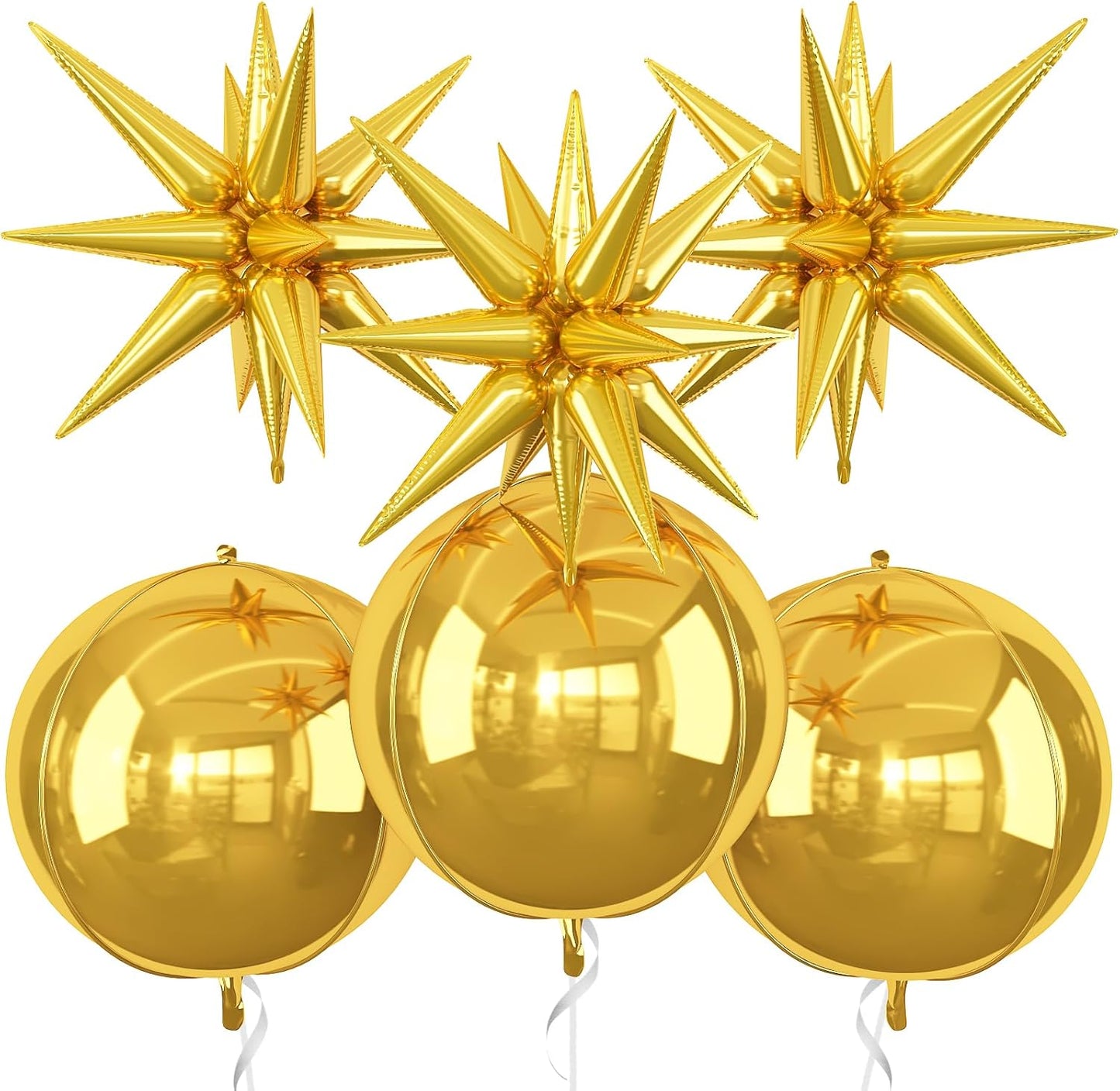 6Pcs Gold Foil Balloons,22Inch Gold 4D Round Ball Balloon and Explosion Star Balloon for Birthday Wedding Baby Shower Anniversary Graduation Decorations